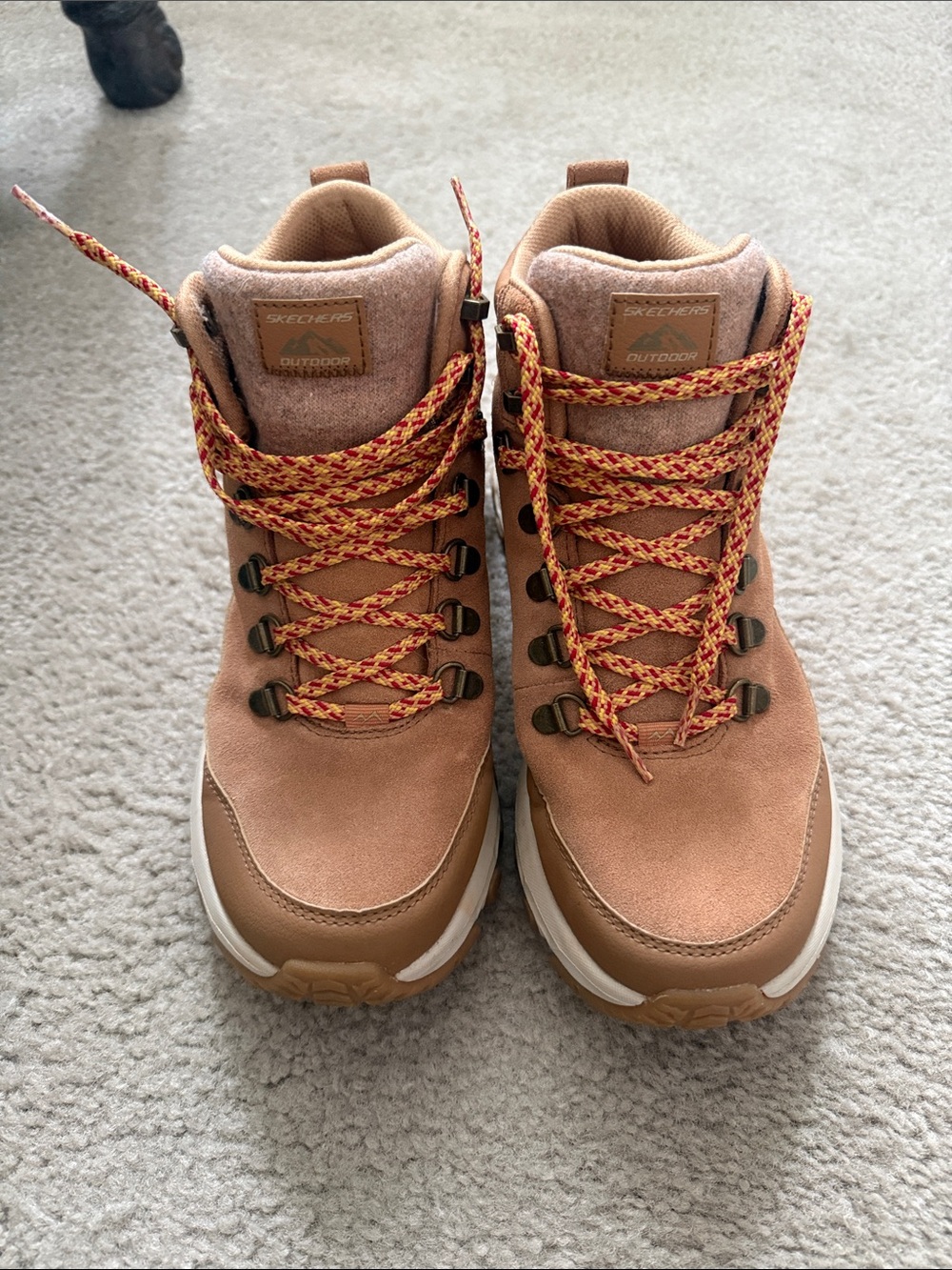 Skechers Women’s Tan Hiking-Style Lace-Up Boots with Red-Yellow Laces